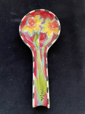 Daffodils On Scarlet ”Ceramic Hand painted Spoon Rest “11”x5”